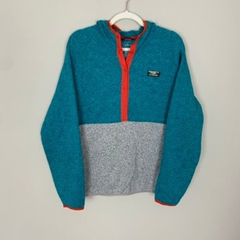 LL Bean Women's Fleece Snap Neck Hooded‎ Pullover Sweater XL Teal Color Block